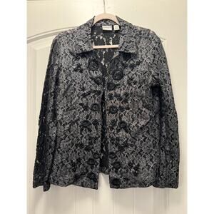 Chico’s Women’s Long Sleeve Embroidered Floral Beaded Lace Top Sz 1 Black Sliver